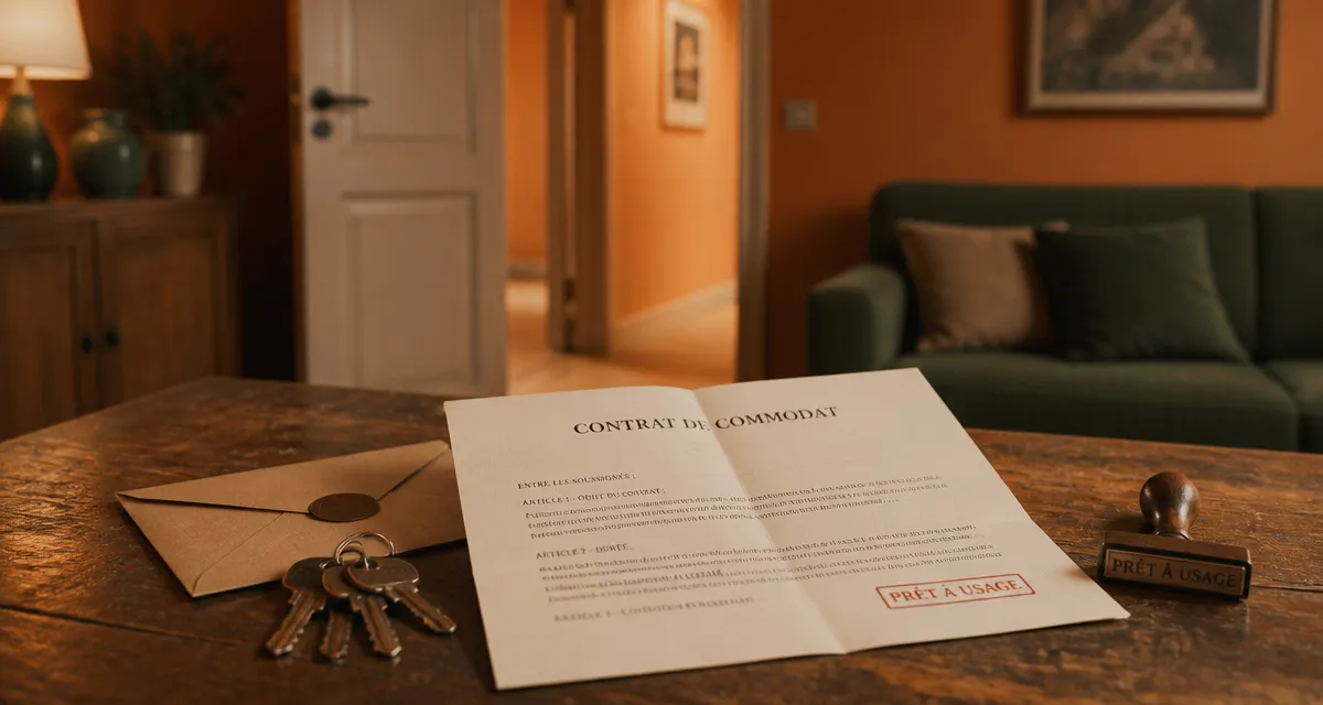 Commodat immobilier : contrat prêt à usage, clés et enveloppe sur table