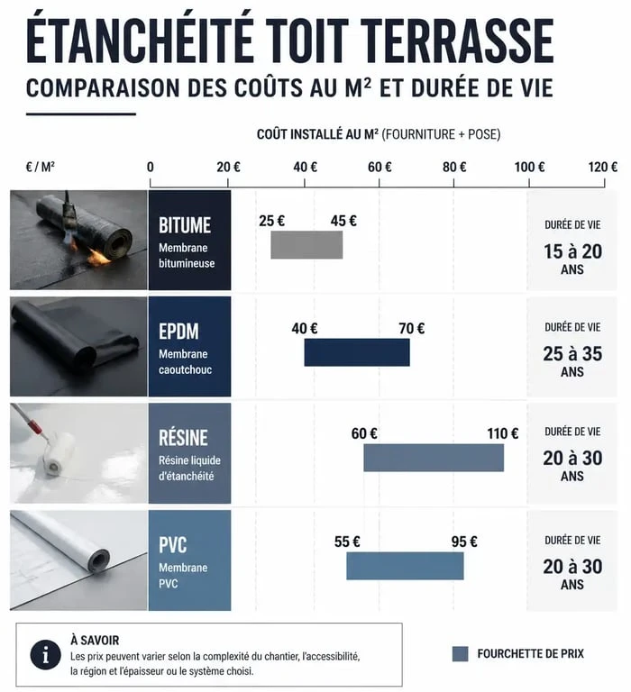 Comparatif des prix au m2 pour l'étanchéité d'un toit terrasse selon le matériau