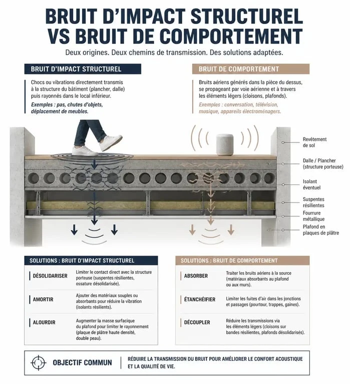 Infographie sur les bruits d'impact et les solutions pour un voisin qui fait du bruit en marchant