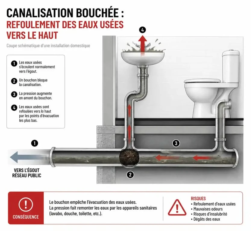 Schéma explicatif d'un refoulement de canalisation dans une maison