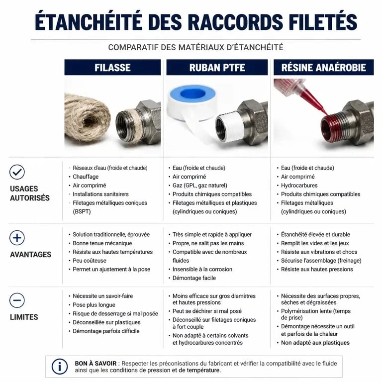 Infographie comparative des matériaux d'étanchéité : filasse, téflon et résine pour vos raccords de plomberie