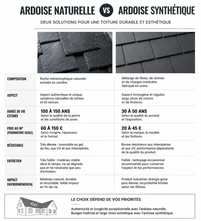 Comparatif prix et durée de vie toit en ardoise naturelle vs synthétique