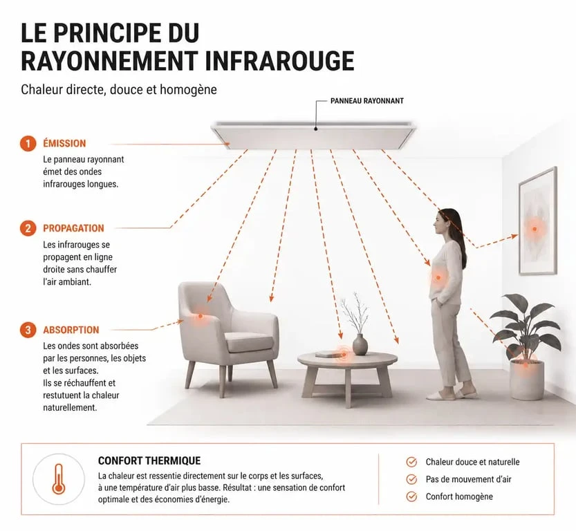 Schéma de fonctionnement d'un panneau rayonnant par rayonnement infrarouge