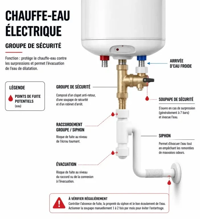 Schéma explicatif d'un chauffe-eau qui goutte en permanence : identification des points de fuite au niveau du groupe de sécurité.