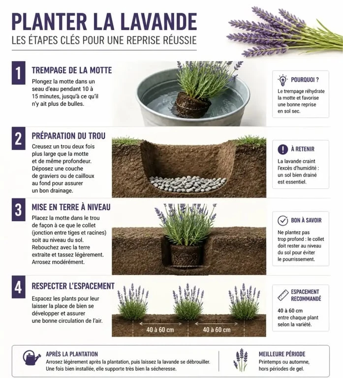Infographie des étapes pour planter la lavande avec succès au jardin