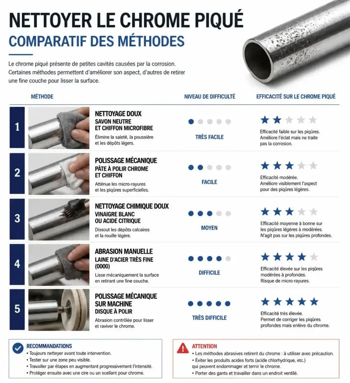 Infographie comparative des méthodes pour nettoyer du chrome piqué et restaurer son éclat.
