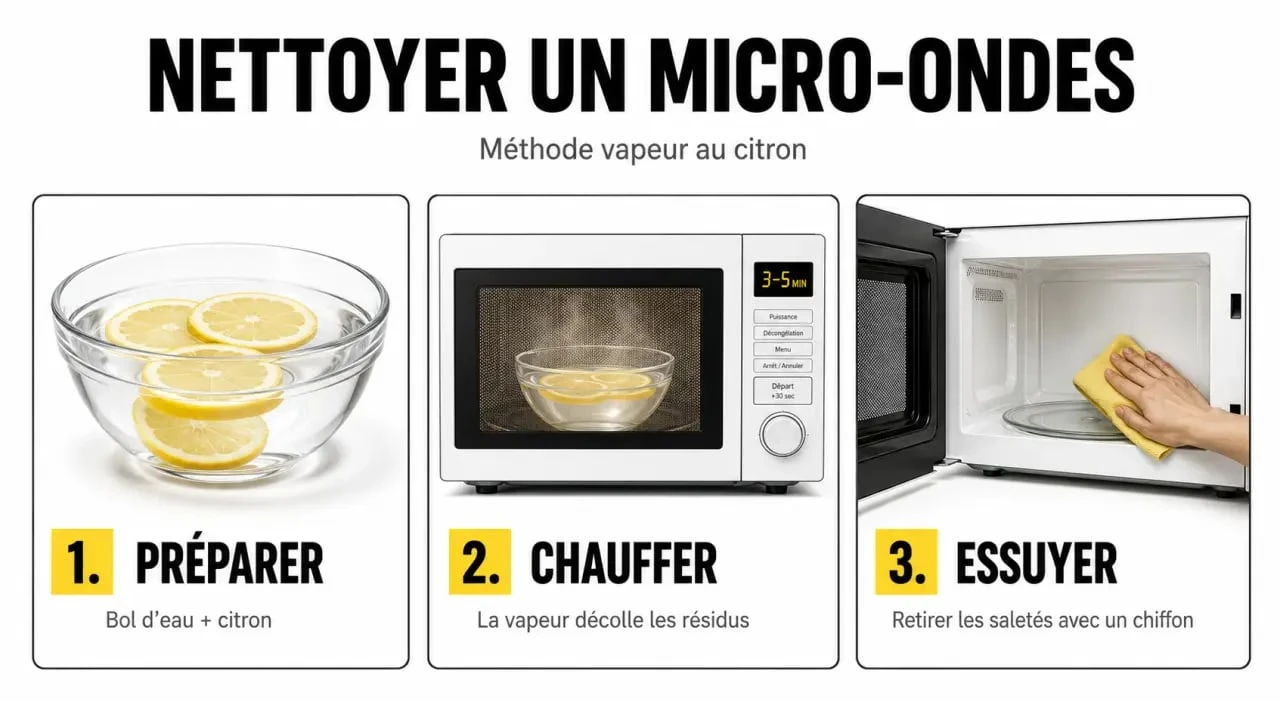 Étapes du nettoyage naturel d'un micro-ondes avec citron et vinaigre