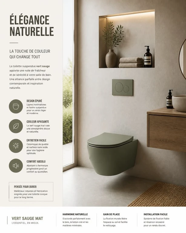 Salle de bain moderne avec une toilette colorée vert sauge mat pour une décoration intérieure tendance.