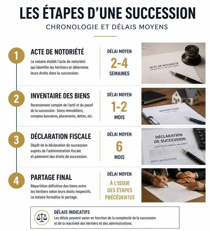 Infographie des délais et étapes d'une succession pour comprendre combien de temps dure une succession