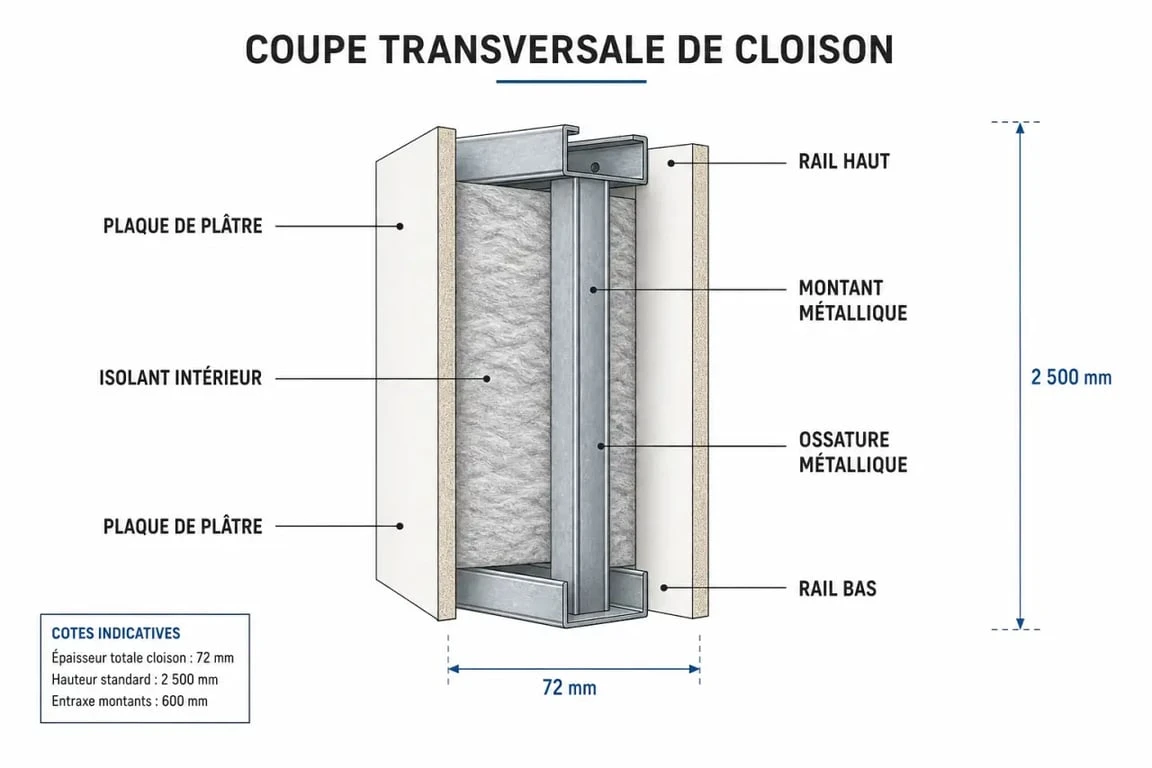 Schéma en coupe montrant la composition et l'épaisseur d'une cloison Placo standard avec ossature et plaques de plâtre