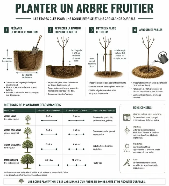 Infographie des étapes de plantation d'un arbre fruitier et distances de sécurité