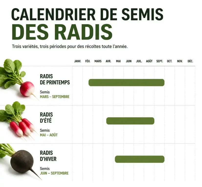 Calendrier de semis des radis : périodes idéales pour semer les radis de printemps, d'été et d'hiver.