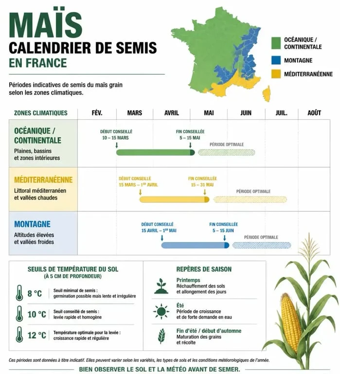 Calendrier de semis du maïs par zone climatique en France