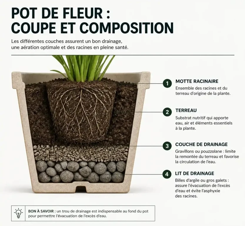 Schéma en coupe pour apprendre quand rempoter une plante et réussir son rempotage