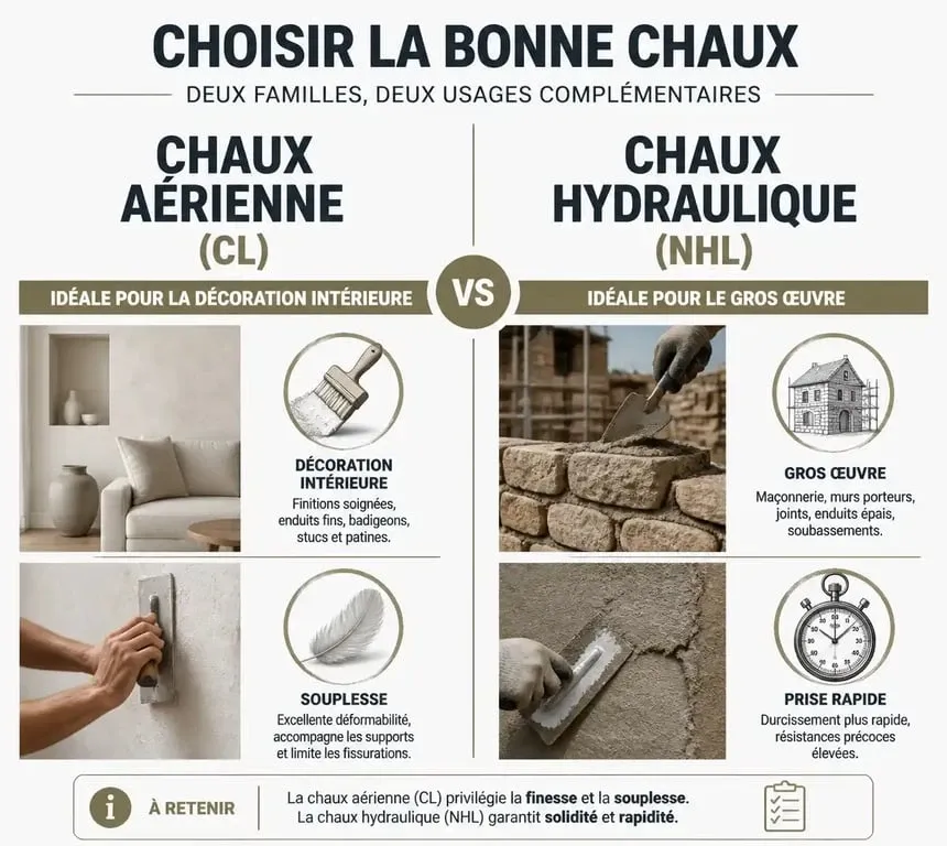 Infographie comparative entre la chaux aérienne et la chaux hydraulique pour le choix d'un enduit à la chaux