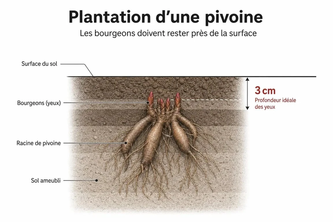 Schéma technique illustrant la profondeur de plantation des pivoines pour réussir quand planter pivoine