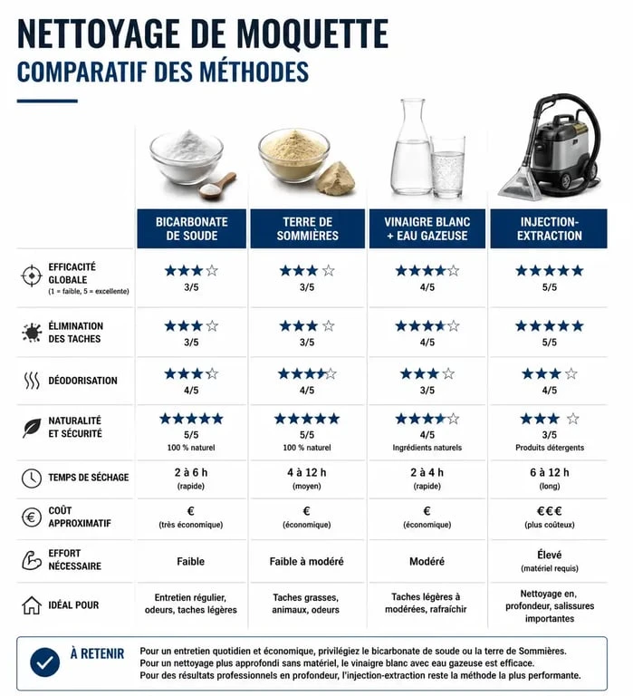 Tableau comparatif des méthodes pour nettoyer une moquette efficacement