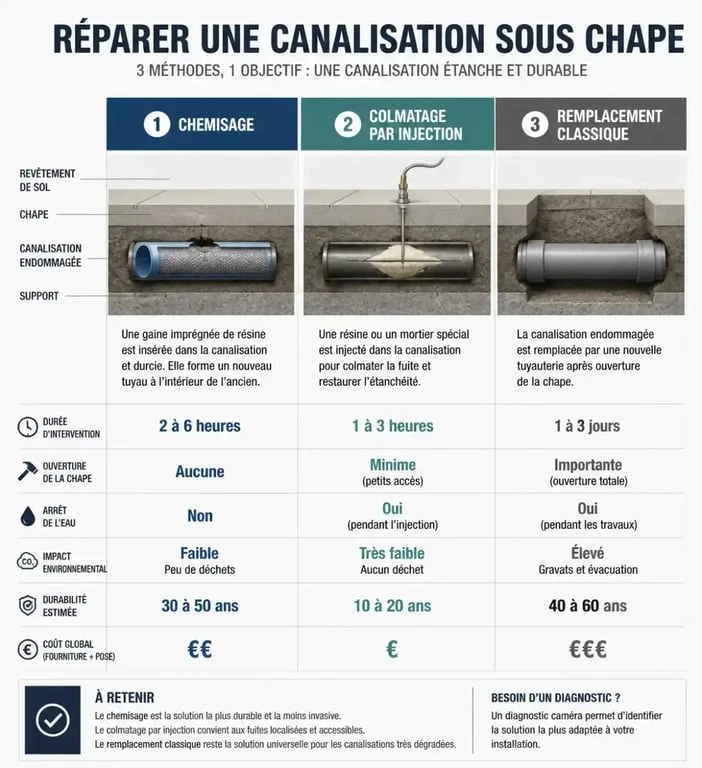 Comparatif des méthodes de réparation pour fuite d'eau canalisation enterrée sous chape