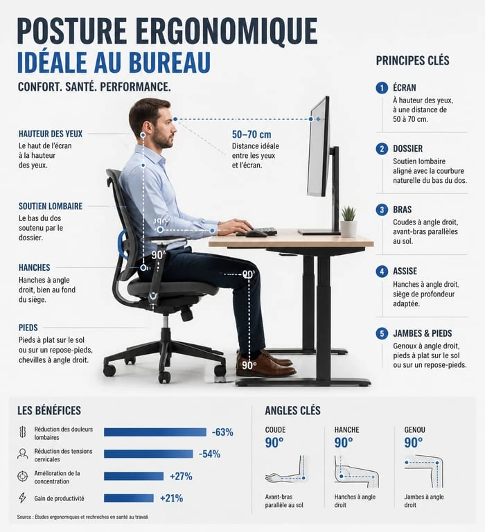 Schéma de la posture idéale pour la meilleure chaise ergonomique 2025