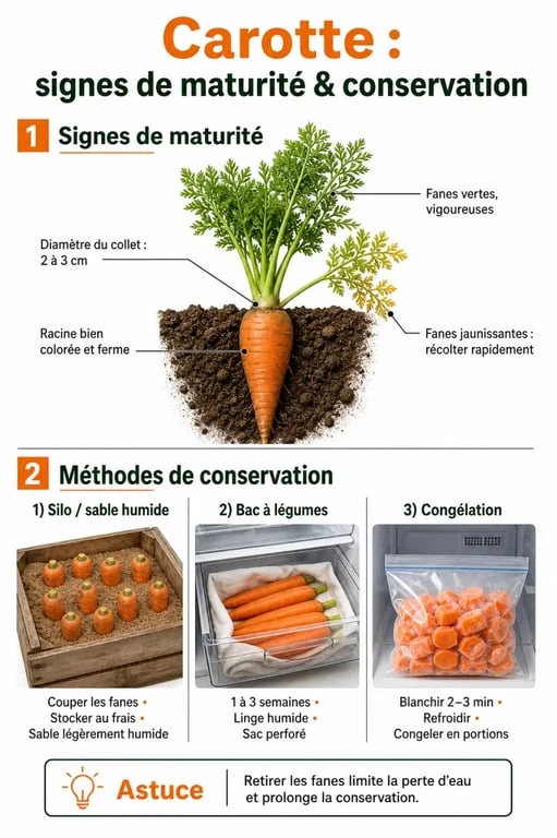 Infographie sur les signes de maturité et les méthodes de récolte et conservation des carottes au potager