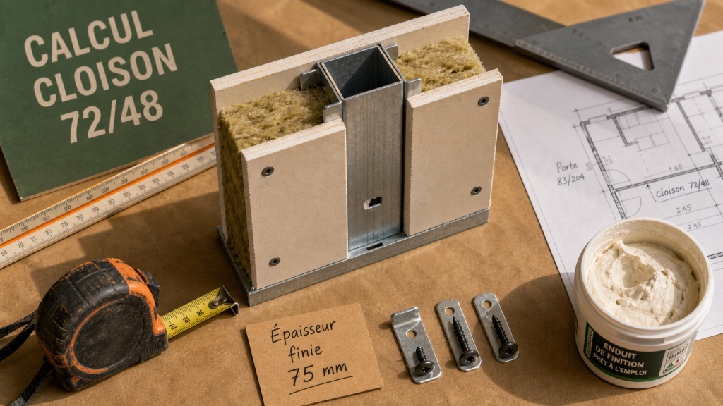 Epaisseur cloison placo 72/48 : 75 mm finie