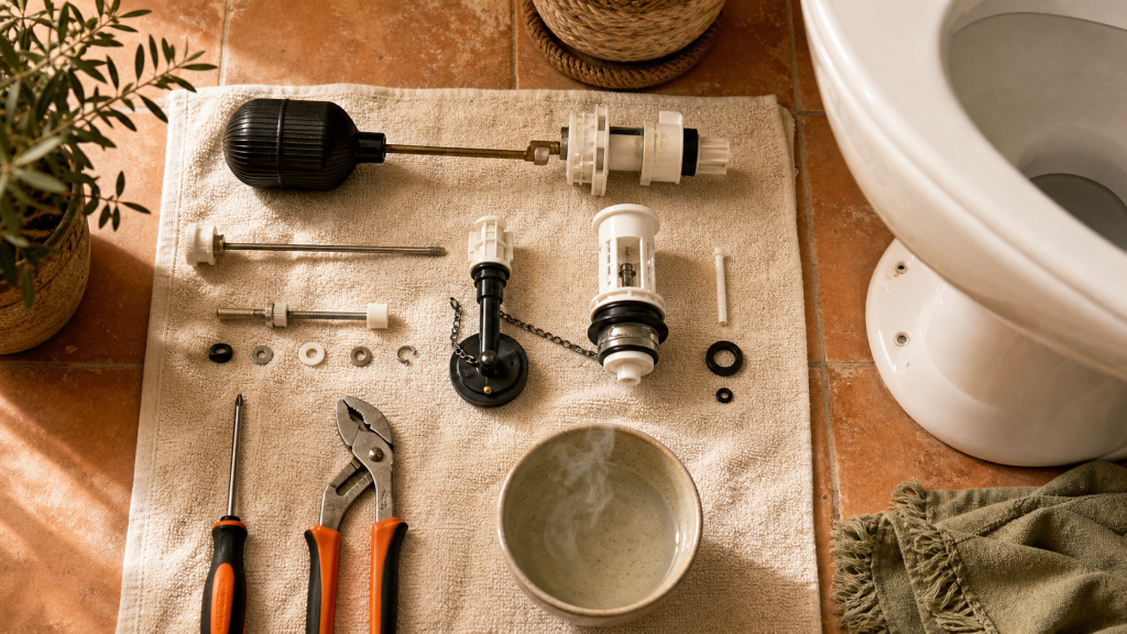 Fuite flotteur wc : mécanisme de chasse démonté et réglage du flotteur