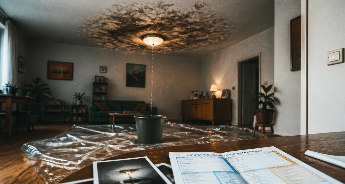 Infiltration d'eau plafond : auréole humide au plafond, seau de récupération