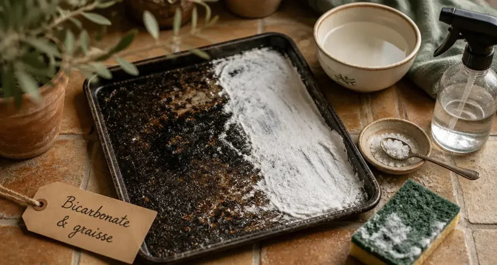 Nettoyer plaque four avec bicarbonate pour dissoudre graisses brûlées