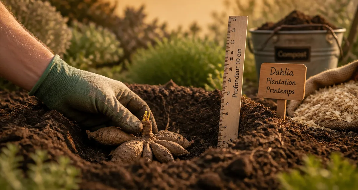 Quand planter les dahlias en pleine terre : tubercule planté à 10 cm, collet vers le haut