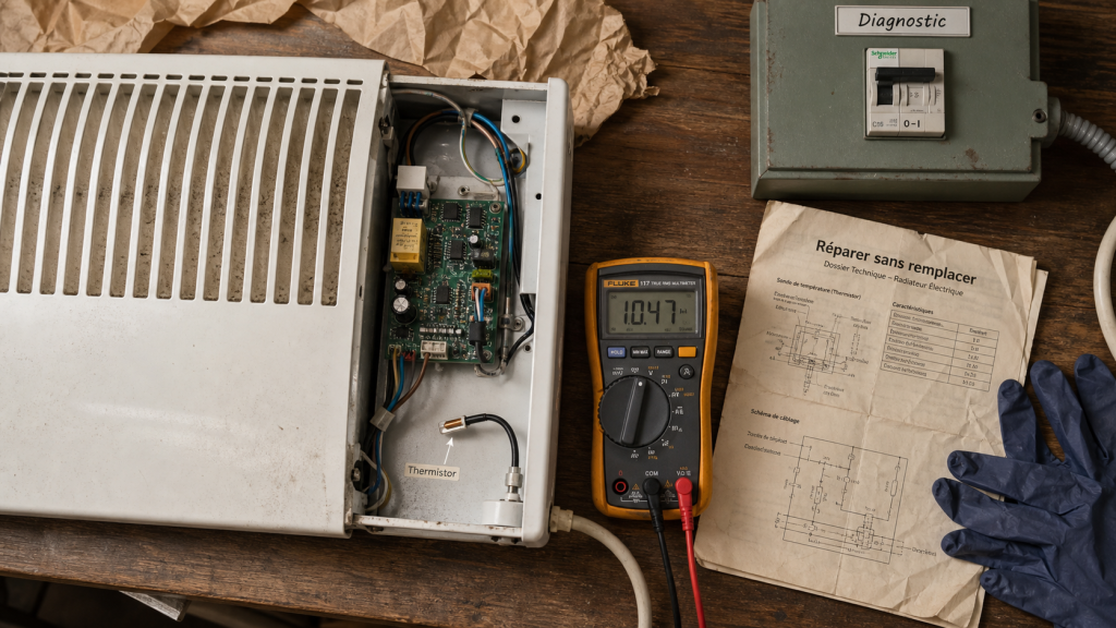 Réparation radiateur électrique : diagnostic panne avec multimètre et carte électronique