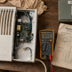 Réparation radiateur électrique : diagnostic panne avec multimètre et carte électronique