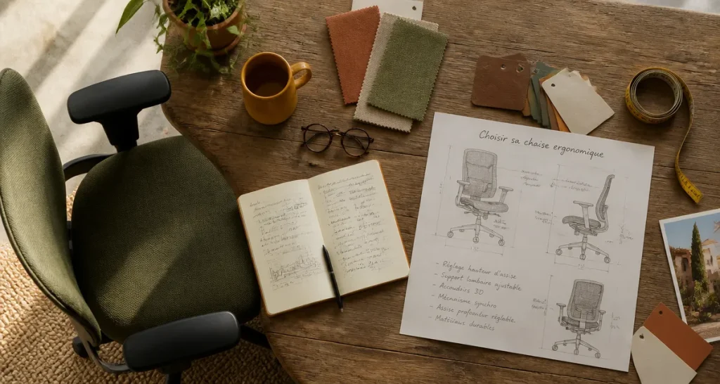 Top chaise ergonomique sur bureau bois avec accessoires