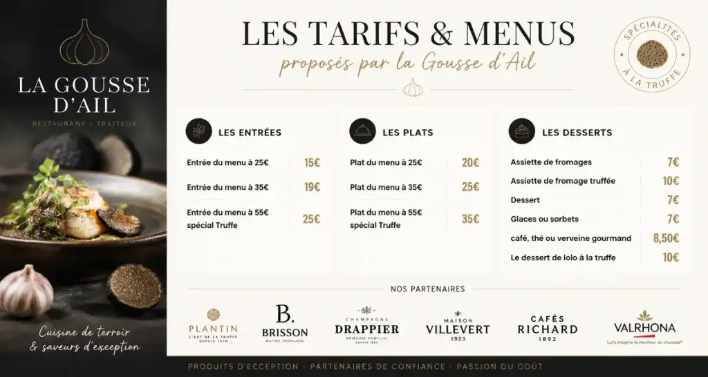 Les tarifs & menus proposées par la Gousse d&rsquo;Ail