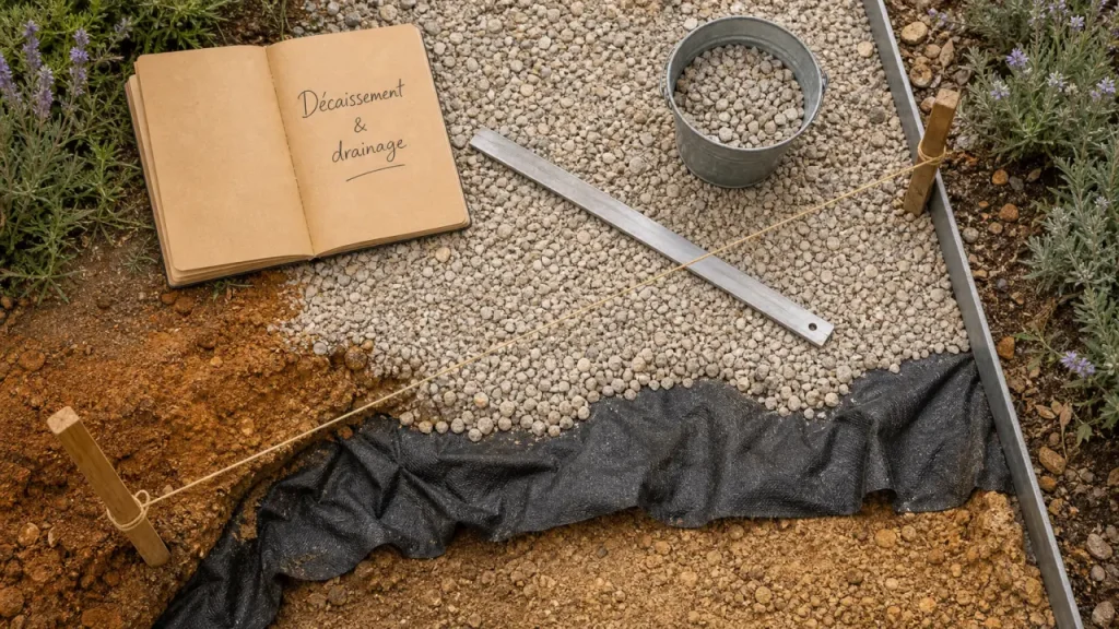 Allée en gravier : décaissement 25-30 cm, géotextile et grave compactée