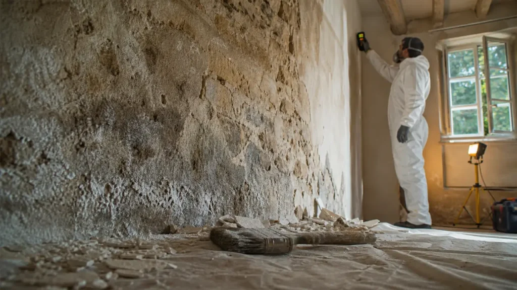 Assèchement des murs : humidité brun-gris et salpêtre sur mur intérieur en pierre