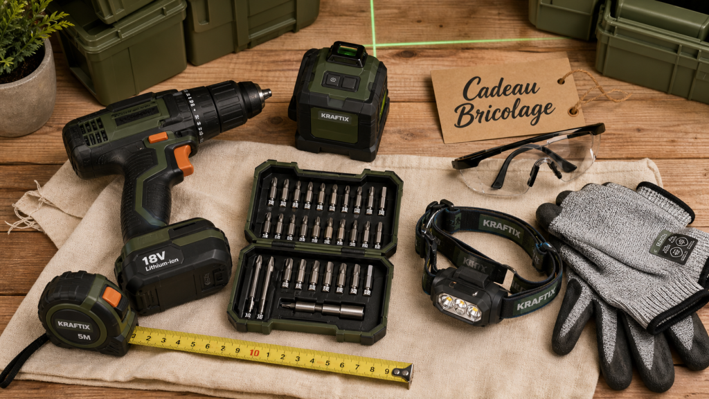 Cadeau bricolage homme : perceuse, niveau laser et embouts en atelier