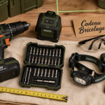 Cadeau bricolage homme : perceuse, niveau laser et embouts en atelier