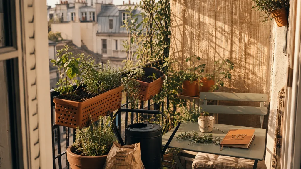 Créer un coin de verdure sur son balcon : bacs en terre cuite et plantes sobres, lumière d’après-midi.