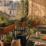 Créer un coin de verdure sur son balcon : bacs en terre cuite et plantes sobres, lumière d’après-midi.