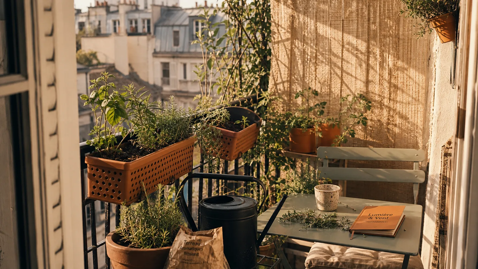 Créer un coin de verdure sur son balcon : bacs en terre cuite et plantes sobres, lumière d’après-midi.