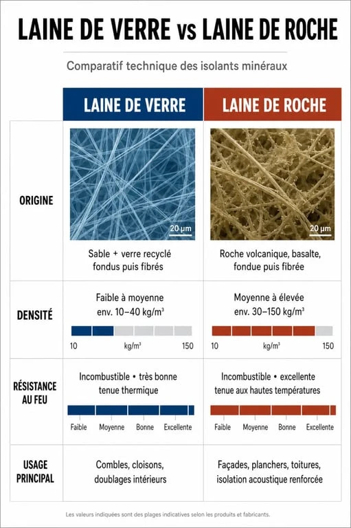 Infographie comparative : différence entre laine de verre et laine de roche pour l'isolation thermique