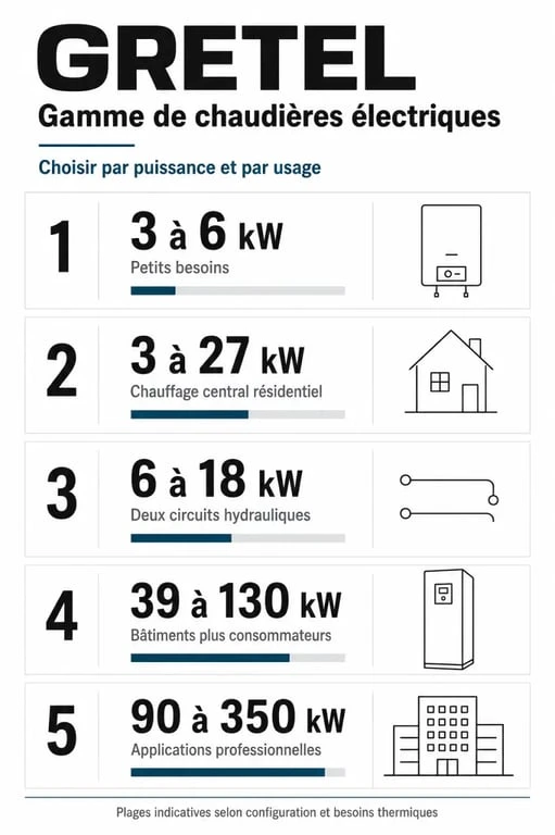 Infographie sur la gamme gretel chaudiere electrique avec puissances et usages
