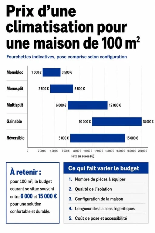Prix climatisation maison 100m2 : infographie comparant les coûts selon le type de système
