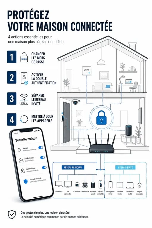 Sécuriser sa maison connectée avec un routeur Wi‑Fi, des objets connectés protégés et des étapes de sécurité visuelles