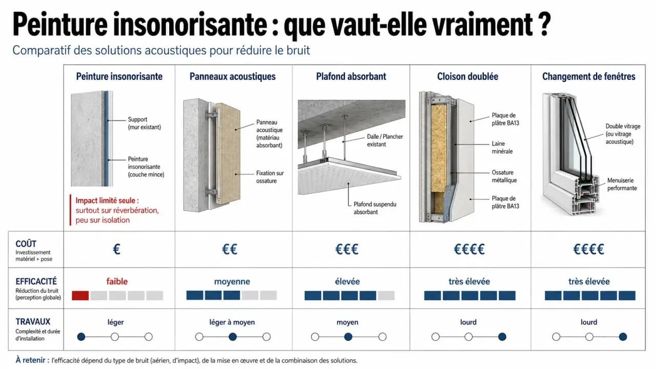 Comparatif de peinture insonorisante et d'alternatives acoustiques