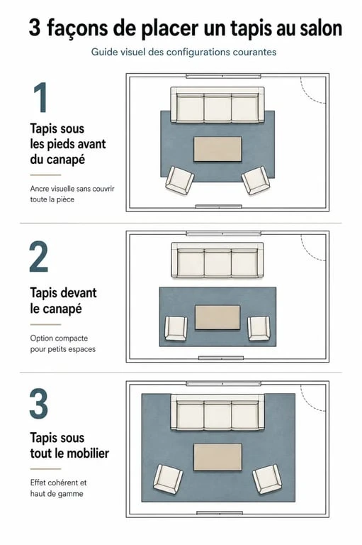 Schéma illustrant les trois positions idéales pour placer un tapis dans un salon : sous le canapé, devant ou sous tout le mobilier.