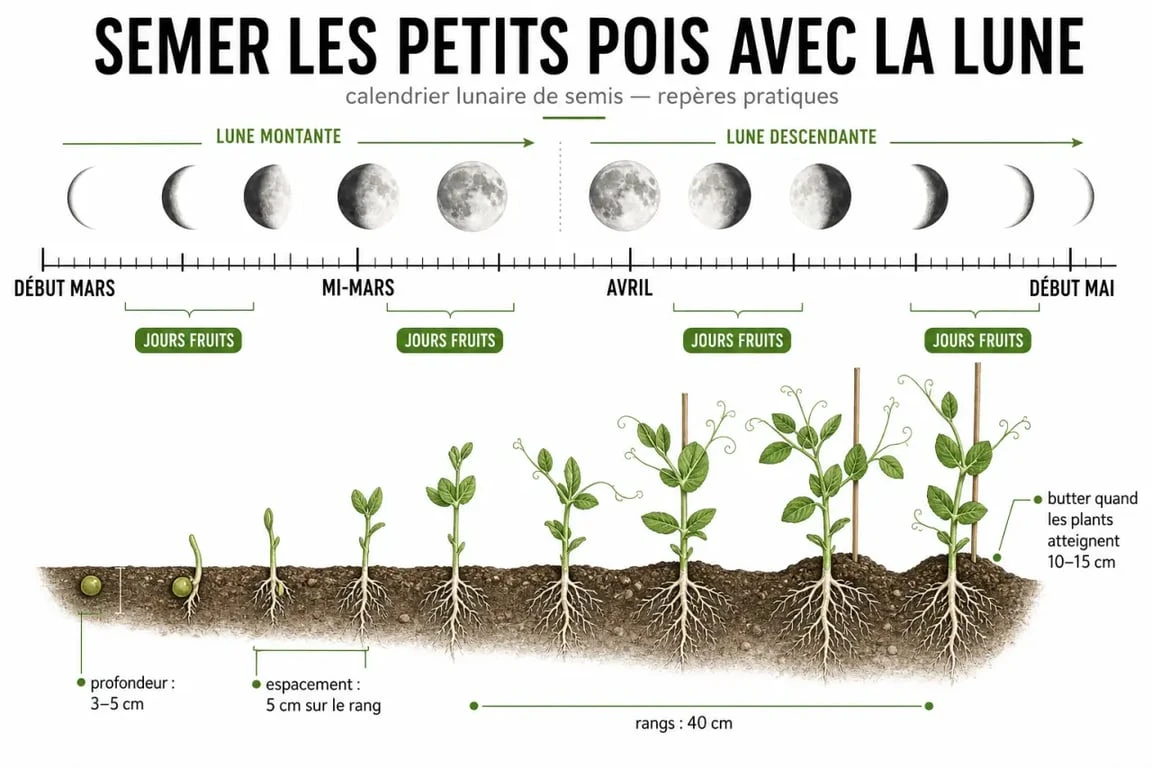 Quand semer les petits pois avec la lune : calendrier visuel de semis, lune montante et jours fruits