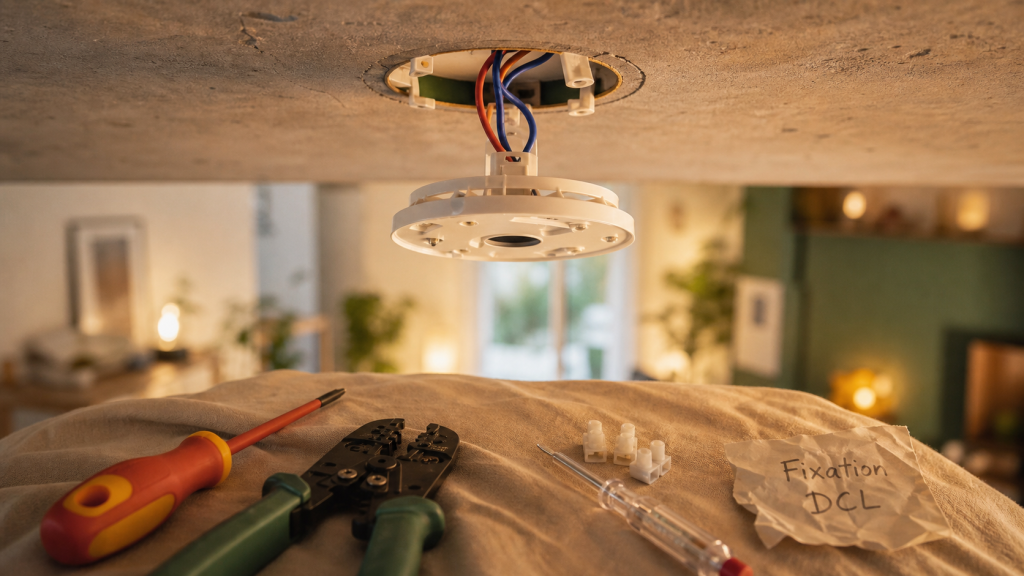 Installer luminaire plafond : fixation DCL, courant coupé, branchements propres