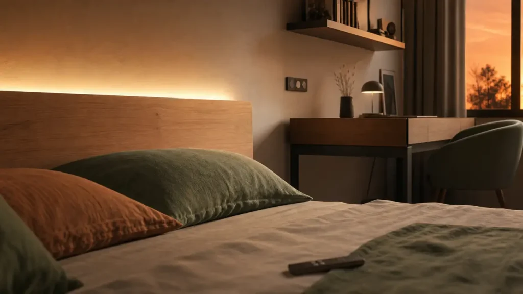 Led déco chambre : ruban LED sous tête de lit, lumière indirecte