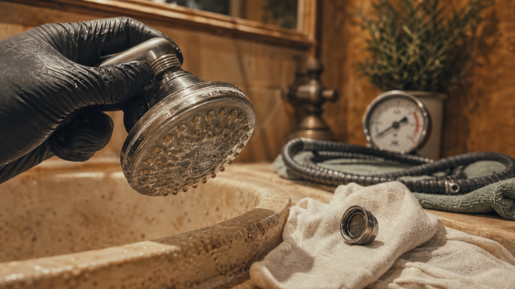 Pas de pression douche : pommeau entartré, calcaire et manomètre à vérifier